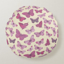 Almofada Redonda Lindo padrão de borboleta rosa em bege