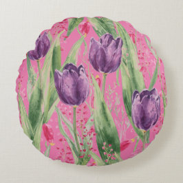 Almofada Redonda Lindo, Roxo, Padrão de Flores de Tulipa Rosa Choqu