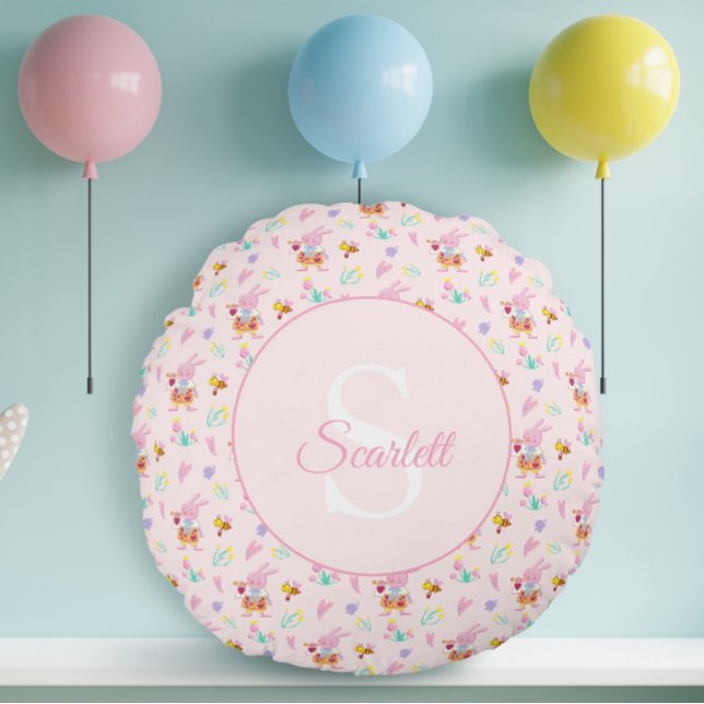 Almofada Redonda Lindo Trompete de Jardim Coelho Rosa Monograma Azu (Criador carregado)