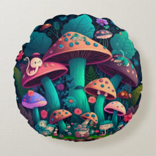 Almofada Redonda Lindos elfos brincam sob cogumelos