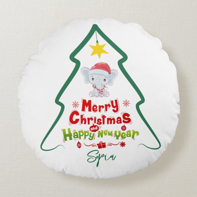 Almofada Redonda Linha Árvore Natal e Elefante Feliz ano novo (Frente)