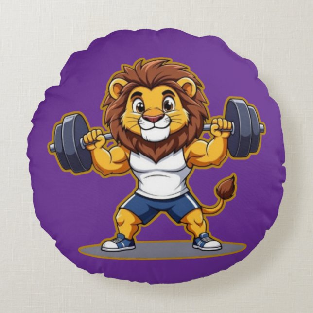 Almofada Redonda Lion Lifting Light Weights – Cute Gym Animal Illus (Frente)