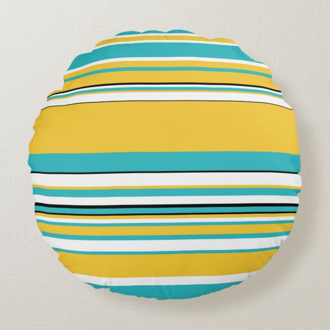 Almofada Redonda Listras Complexas - Turquesa e Amarelo (Frente)