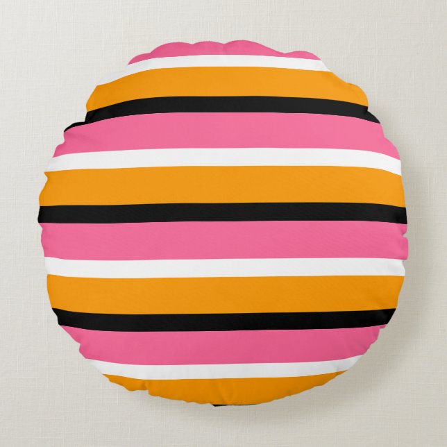 Almofada Redonda Listras Laranjas Rosa Linhas Horizontais (Frente)