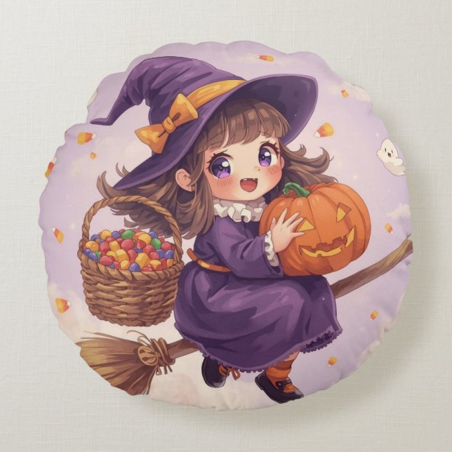 Almofada Redonda Little Witch Flying with Pumpkin Pillow (Frente)