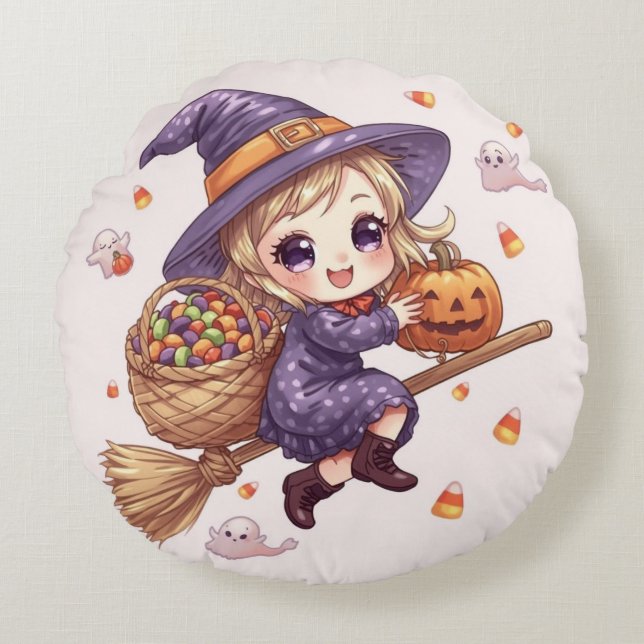 Almofada Redonda Little Witch with Pumpkin Round Pillow (Frente)