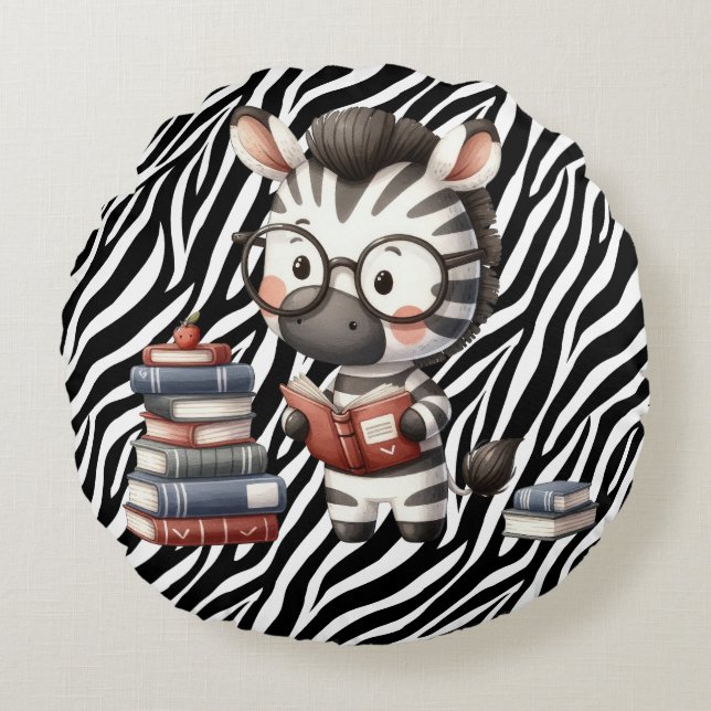 Almofada Redonda Livros de Leitura da Zebra. (Frente)