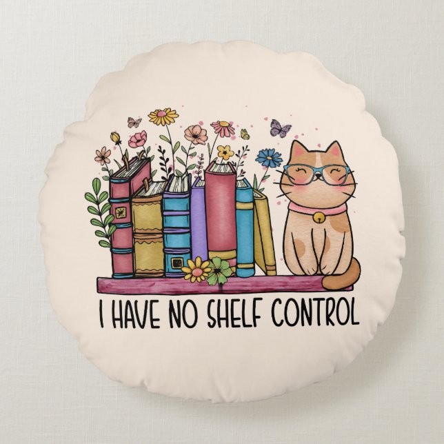Almofada Redonda Livros Florais e Gatos (Frente)