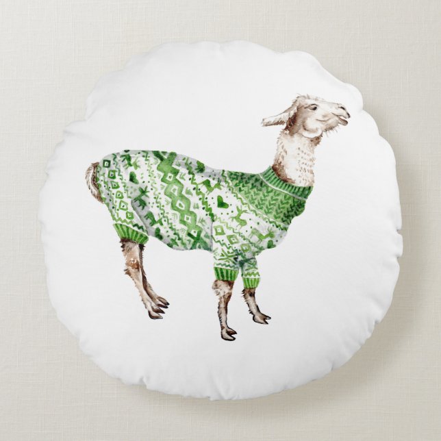 Almofada Redonda Llama em Sweater Verde (Frente)