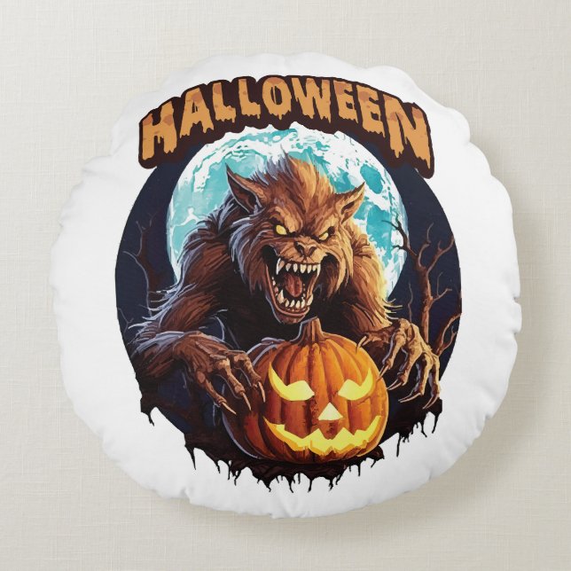 Almofada Redonda Lobisomem de Halloween (Frente)