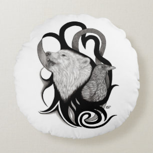 Almofada Redonda Lobo Branco com Arte Tribal Raven