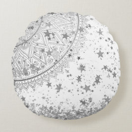 Almofada Redonda Lotus Mandala com Estrelas Prateadas em Branco