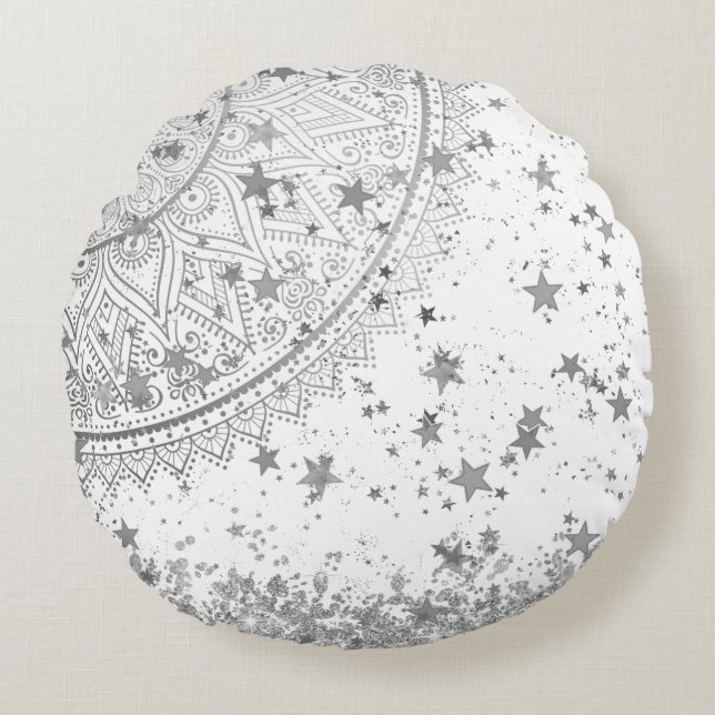 Almofada Redonda Lotus Mandala com Estrelas Prateadas em Branco (Frente)