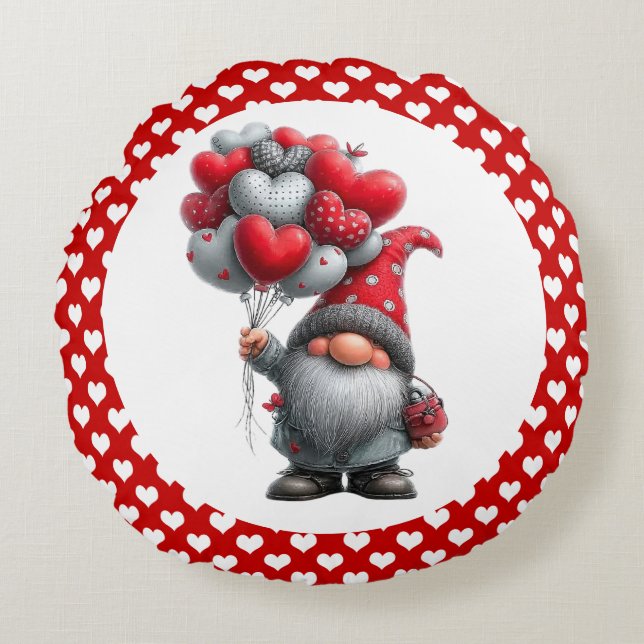 Almofada Redonda "Love is in the Air" Heart Balloon Gnome (Frente)
