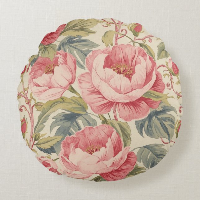 Almofada Redonda Lovely Pink Peoni Flowers Pattern, Elegant (Frente)