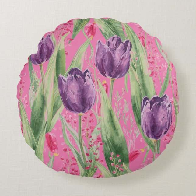 Almofada Redonda Lovely, Purple,Shocking Pink Tulip Flowers Pattern (Frente)
