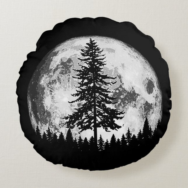 Almofada Redonda Lua cheia retrorada e árvore de pinheiro minimalis (Frente)