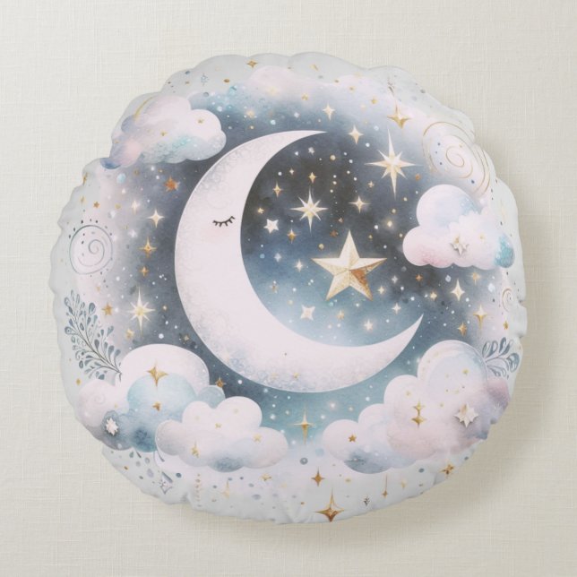 Almofada Redonda Lua Crescente Azul e Branco Celestial Boho Moderno (Frente)
