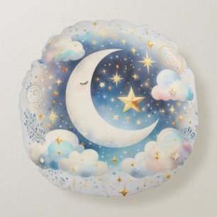 Almofada Redonda Lua Crescente Azul e Branco Celestial Boho Moderno