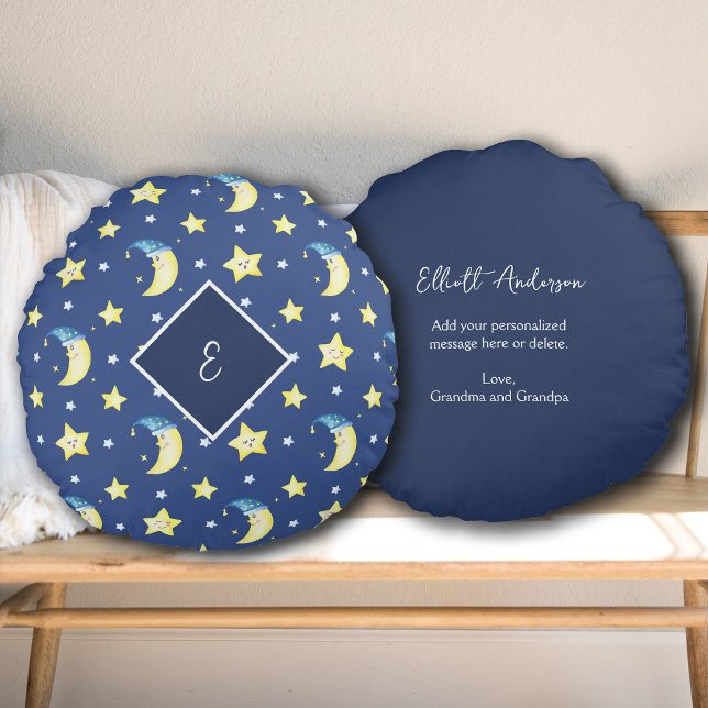 Almofada Redonda Lua de Mensagem Personalizada e Estrelas Azul (Criador carregado)