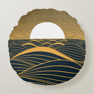 Almofada Redonda Lua-sol estilizada, ilustração do mar escuro.