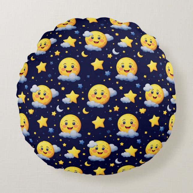 Almofada Redonda Lua sorridente e estrelas com nuvens no céu noturn (Frente)