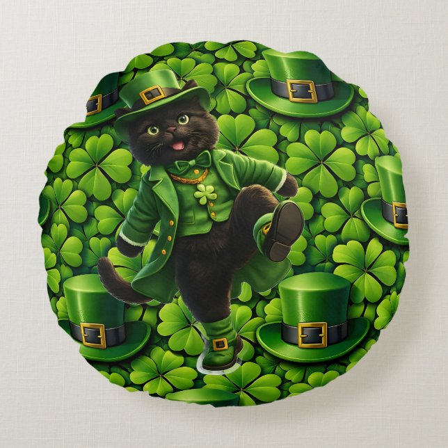 Almofada Redonda Lucky leprechaun black cat Saint Patrick's Day Pat (Frente)