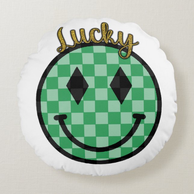 Almofada Redonda Lucky Smiley face Verde Dourado com rosto feliz (Frente)