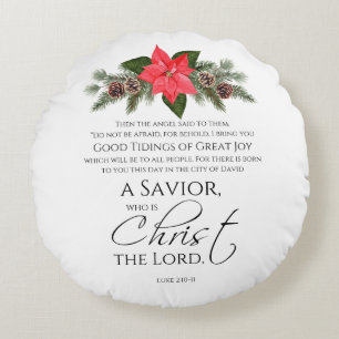 Almofada Redonda Luke 2:10-11 Escritura de Natal de Poinsettia