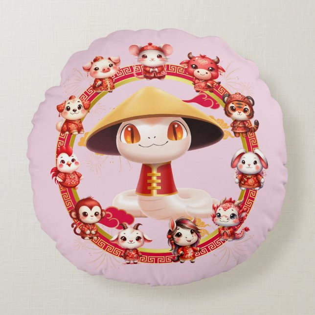 Almofada Redonda Lunar Chinês - Ano Novo Cobra Design 3 (Frente)
