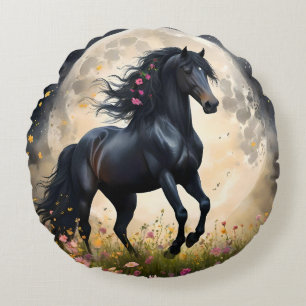 Almofada Redonda Lunar Elegância: Cavalo de Fantasia Negra com Lua