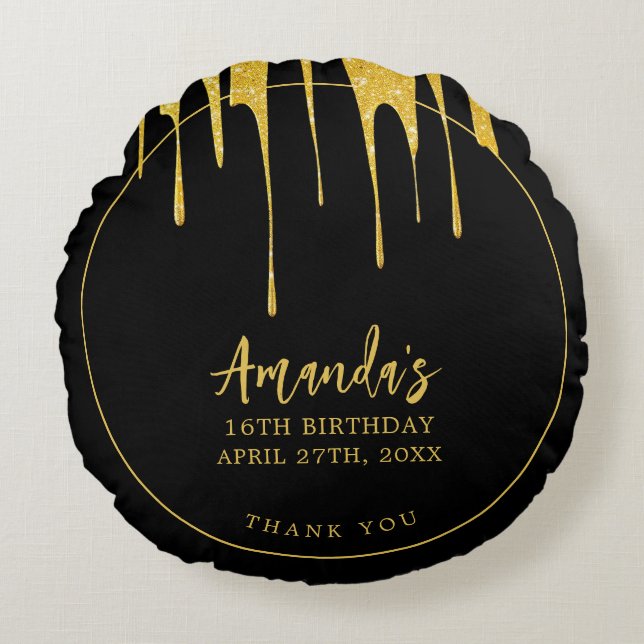 Almofada Redonda Luxúria Dourada Glitter Gota Doce 16 Aniversário (Frente)
