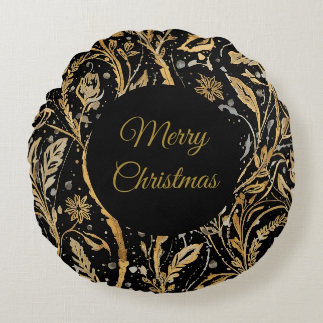 Almofada Redonda Luxury Black Gold Flowers Pattern, Merry Christmas (Frente)