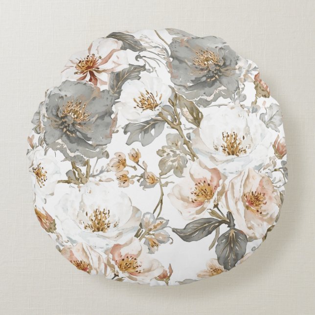 Almofada Redonda Luxury, Elegant, Gold Grey Flowers Pattern  (Frente)