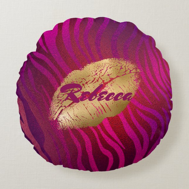 Almofada Redonda Luxury Fuchsia Animal Stripes Lipstick Impressão (Frente)