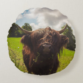 Almofada Redonda Luz verde do campo verde da vaca em lata negra