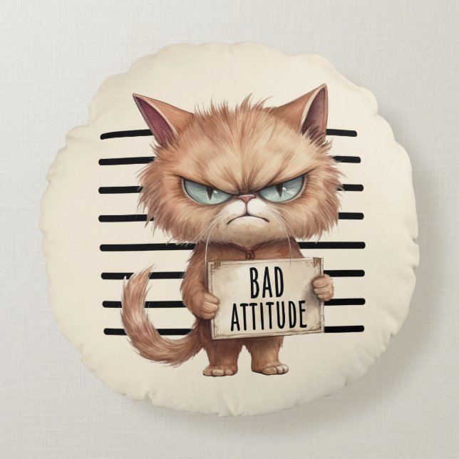 Almofada Redonda Má Atitude Cat Mugshot - Design Felino Engraçado (Frente)