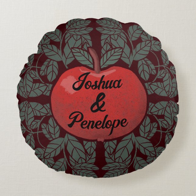 Almofada Redonda Maçã em árvore, personalizada, nomes, rústica (Frente)