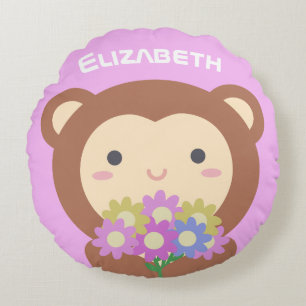 Almofada Redonda Macaco e Flores Kawaii Fofos Nome Rosa Roxo