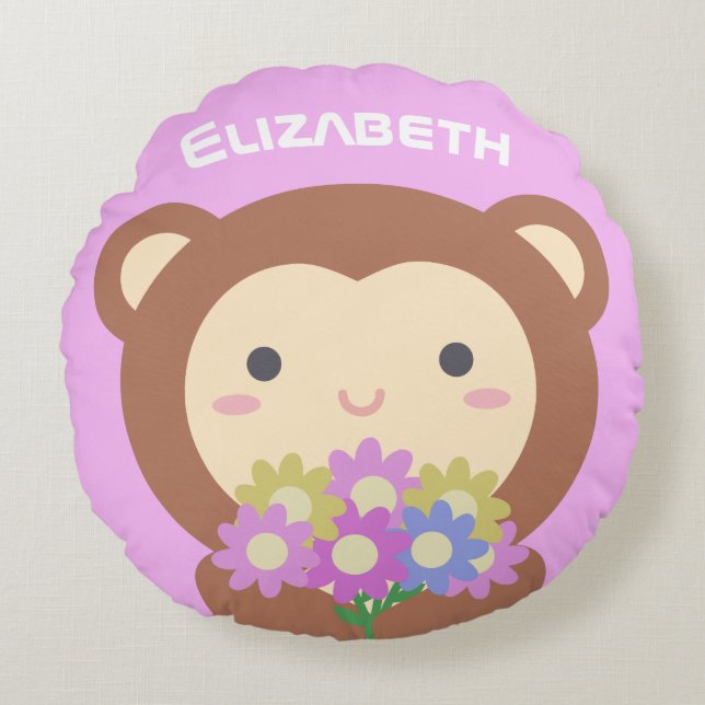Almofada Redonda Macaco e Flores Kawaii Fofos Nome Rosa Roxo (Frente)