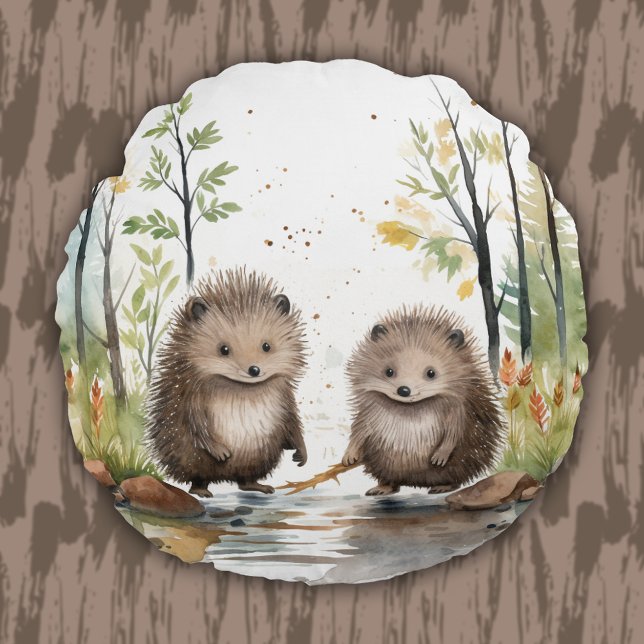 Almofada Redonda Madeira Animal Zonas úmidas Porcupins Crianças Beb (Woodland Animal Wetland Porcupines Kids Baby Round Pillow)