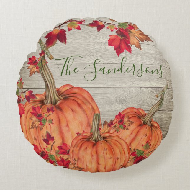 Almofada Redonda Madeira russa Outono Laranja Pumpkins Cai Folhas (Frente)