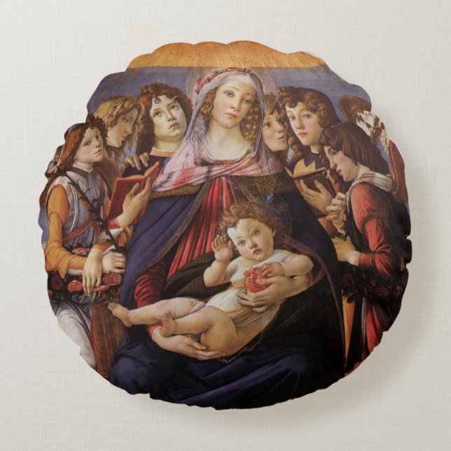 Almofada Redonda Madonna e Criança com Anjos por Sandro Botticelli (Frente)