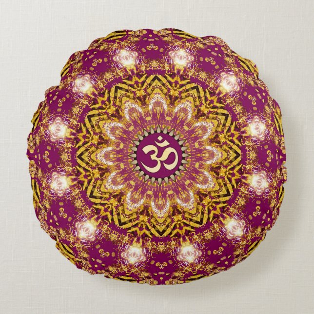 Almofada Redonda Magenta Dourado Boho Espiritual O (Frente)