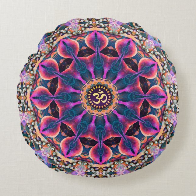 Almofada Redonda Mágica Boêmia Mandala OM Yoga Round Cushion (Frente)