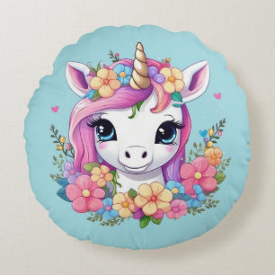 Almofada Redonda Magical Baby Unicorn with Flowers