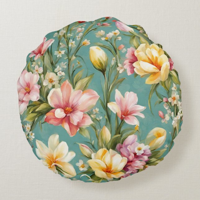 Almofada Redonda Magnólia Amarela refinada com flores brancas (Verso)