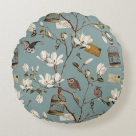 Almofada Redonda Magnolia Grove with Owls in Duck egg blue