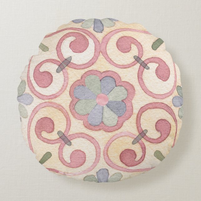 Almofada Redonda Maiolica Amarela Italiana Espanhola Rosa (Frente)