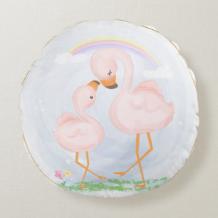 ALMOFADA REDONDA MAMÃE DE PINCO CUTO E FLAMINGOS DE BEBÊ